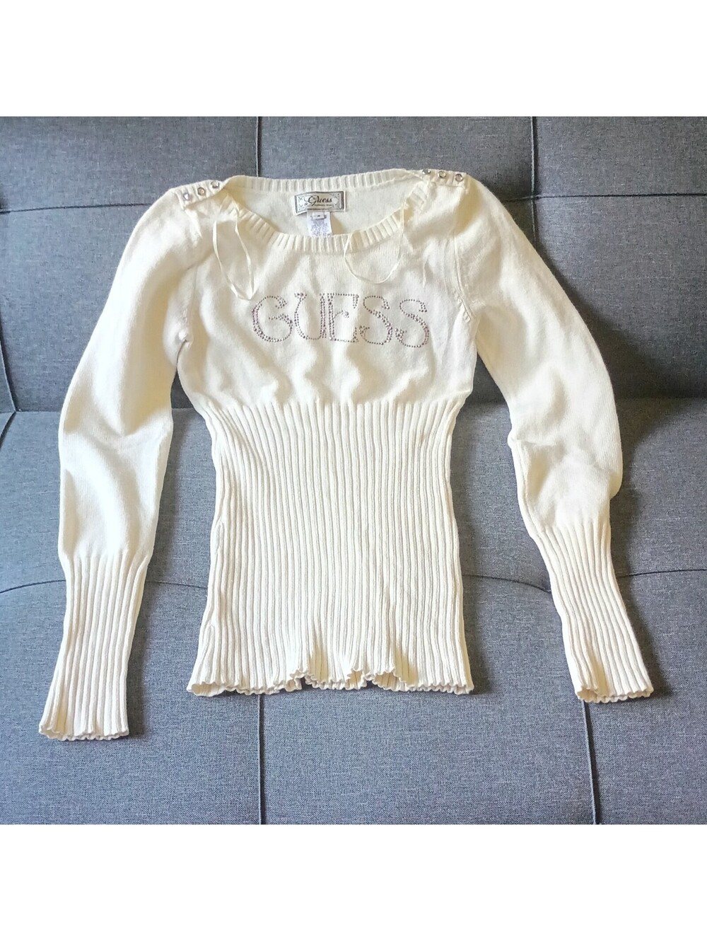 GUESS Ivory Acrylic/Nylon RibKnit Rhinestone Logo ScoopNeck Pullover Sweater S